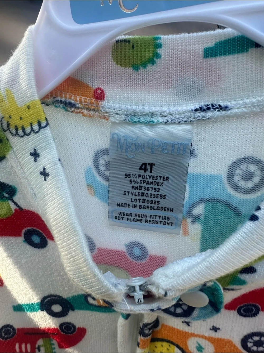 White Dino & Car Zip-Front Kids Footed One-Piece